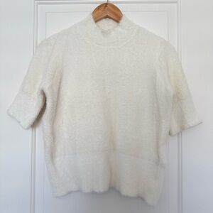 Bailey 44 Ivory Fuzzy Knit Mock Neck Short Sleeve Sweater Top Cozy Soft Girl L
